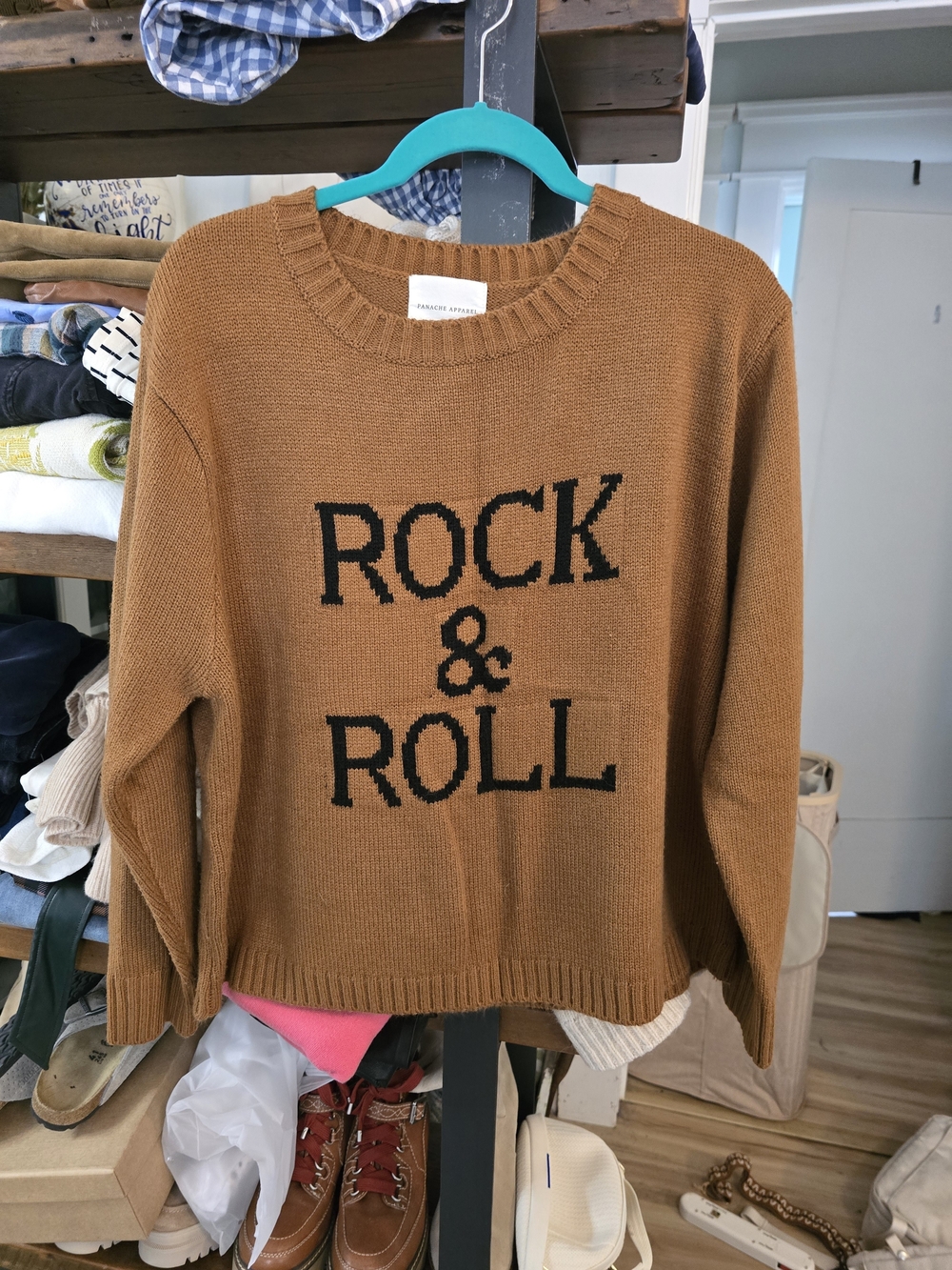 Rock & Roll Graphic Pullover Sweater - Camel